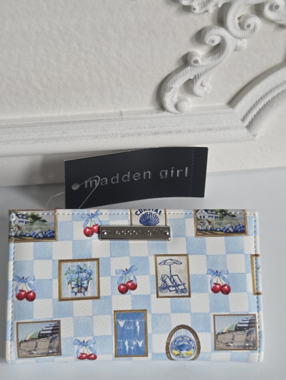 Steve Madden Light Blue & White Checker Cherry Zip Wallet